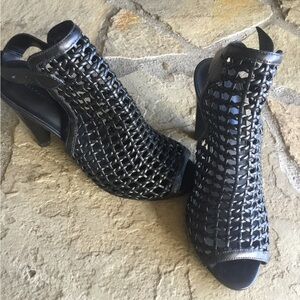 All Saints Open Toe Black Leather Net 3’ Heels 38